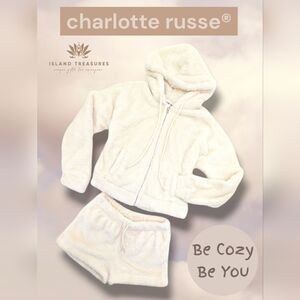 Charlotte Russe Sherpa Hoodie & Shorts Sz S|XS Soft Cropped Cream Lounge Set